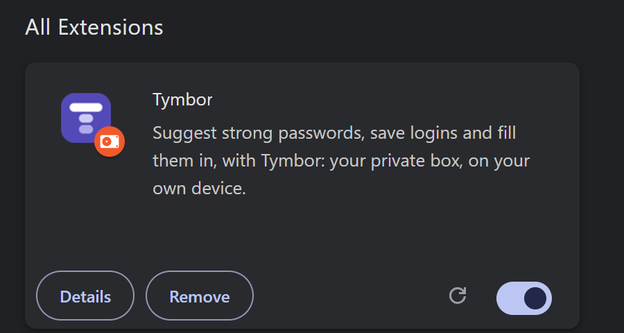 The browser's own extensions page, listing Tymbor as an installed extension