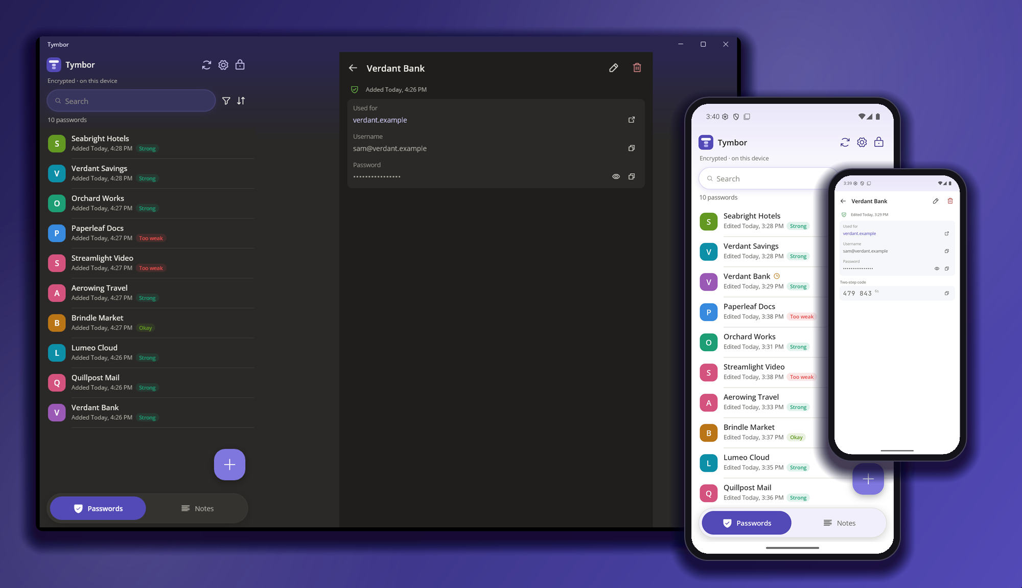 Tymbor on a Windows PC and an Android phone, side by side